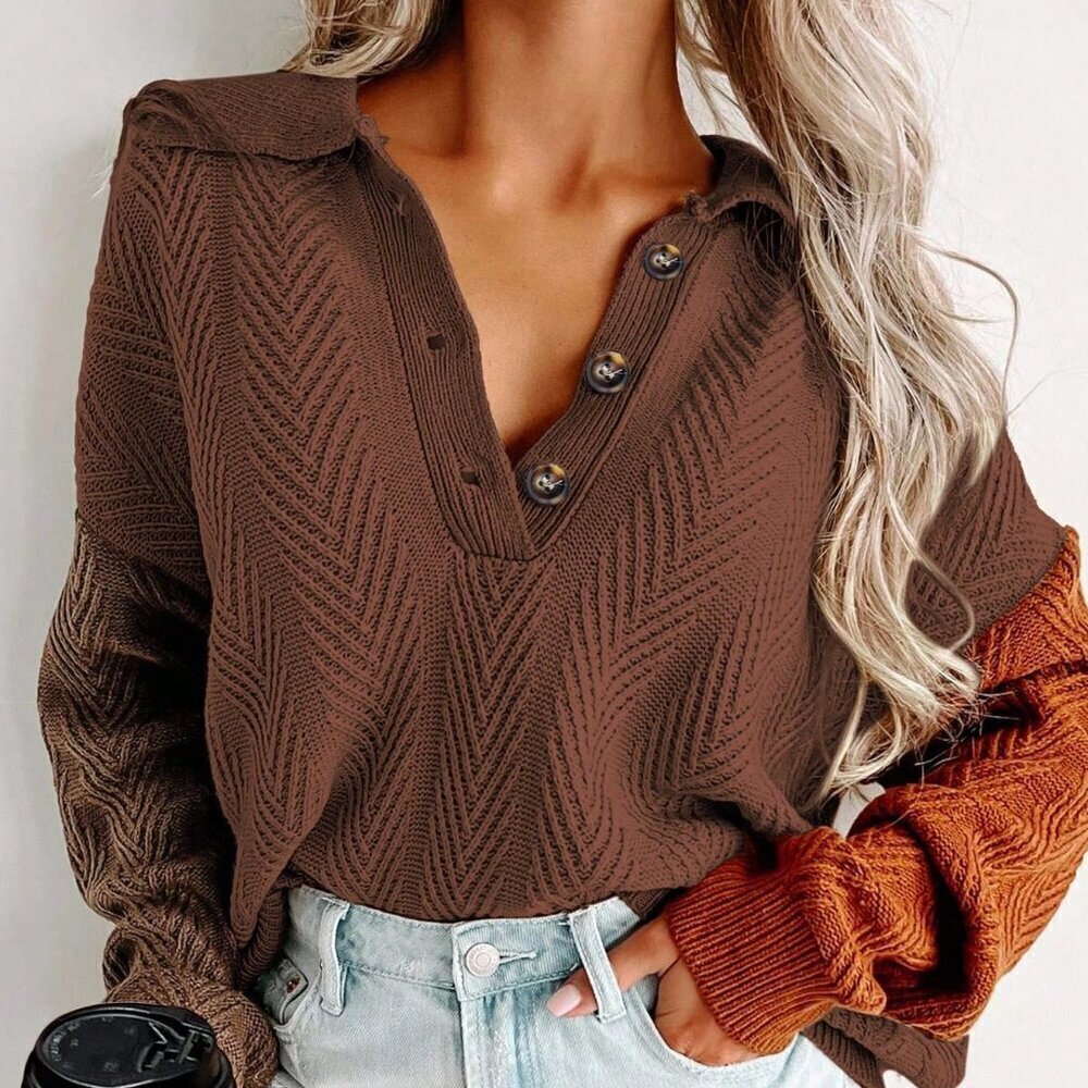 Brown Casual Women's Half Button Contrast Color Knit Textured Pullover Sweater